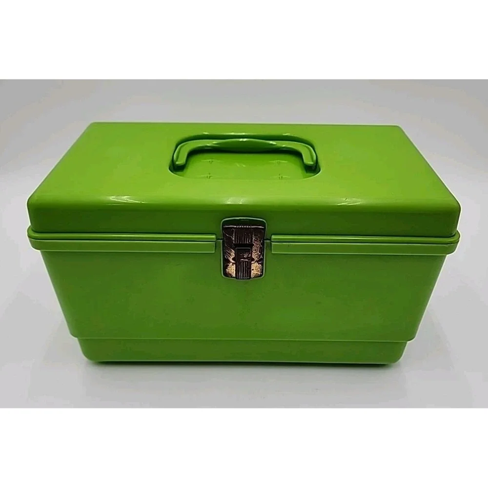 Vintage Green Sewing Box Removable Tray Clear Plastic Portable Small Supplies